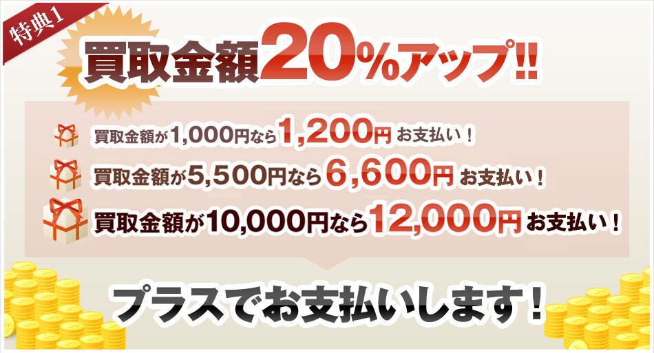 特典1: 買取金額20%アップ！！