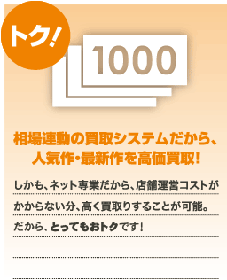 トク！相場連動の買取システムだから、人気作・最新作を高価買取！しかも、ネット専業だから、店舗運営コストがかからない分、高く買取りすることが可能。だから、とってもおトクです！