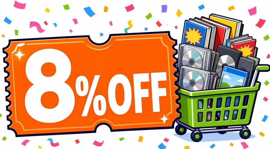 8%OFFクーポン券と本・CD・DVD・ゲーム・ぬいぐるみ入りの買い物カゴのイラスト