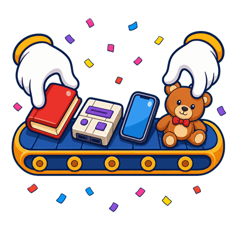 ベルトコンベアを流れる本やスマホを仕分けるゲームのイラスト