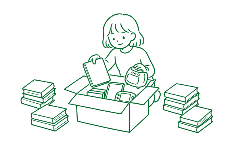 段ボールに本やゲームを詰める宅配買取のイラスト