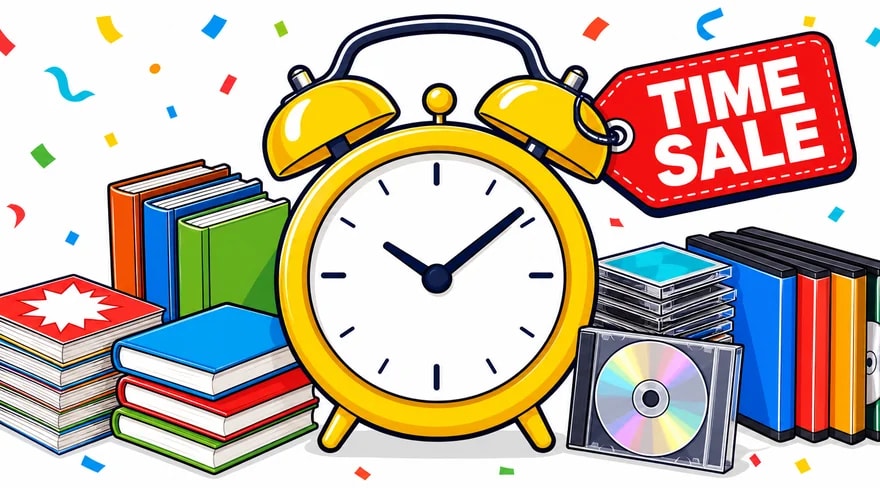 目覚まし時計と本・CD・DVDが並ぶタイムセールのイラスト