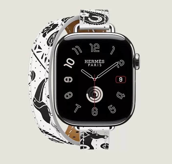 Apple Watch Hermes Series11 42mm GPS+Cellular チタニウムケース/アトラージュ・アニモー・バンダナドゥブルトゥールレザーストラップ