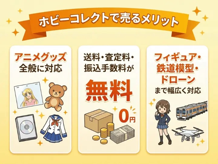ホビーコレクトでアニメグッズを売るメリットを紹介する画像。アニメグッズ全般に対応し、送料・査定料・振込手数料が無料、フィギュア・鉄道模型・ドローンの買取にも対応していることを示している。
