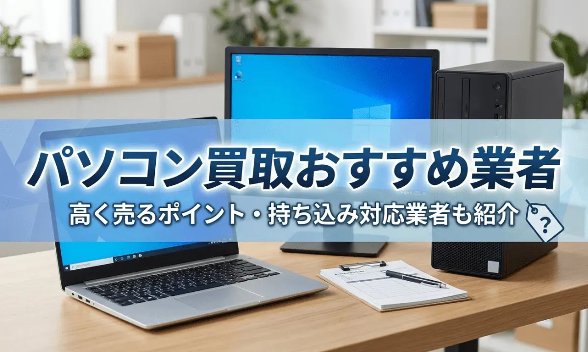 ノートパソコンとデスクトップパソコンが机の上に並び、「パソコン買取おすすめ業者 高く売るポイント・持ち込み対応業者も紹介」と書かれたトップ画像。