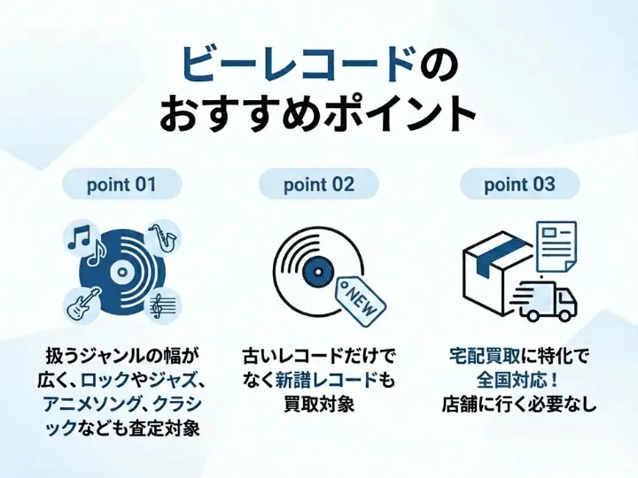 ビーレコードのおすすめポイントを紹介する画像。ロック・ジャズ・アニソンなど幅広いジャンル対応、新譜レコードも買取対象、全国対応の宅配買取で店舗に行かずに売れる。