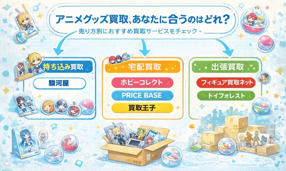 アニメグッズ買取の売り方別おすすめサービスを示した画像。持ち込みは駿河屋、宅配はホビーコレクト・PRICE BASE・買取王子、出張はフィギュア買取ネット・トイフォレスト。