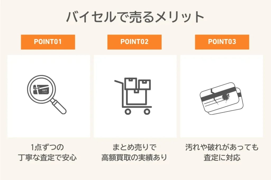 バイセルのメリットを紹介する画像。1点ずつ丁寧に査定し、まとめ売りに対応。汚れや破れのあるテレホンカードも査定可能。