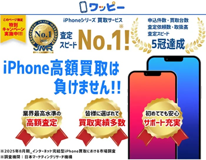 iPhone買取サービス「ワッピー」公式サイトのメインビジュアル。査定スピードNo.1、5冠達成、高額買取、実績多数、サポート充実を掲載。