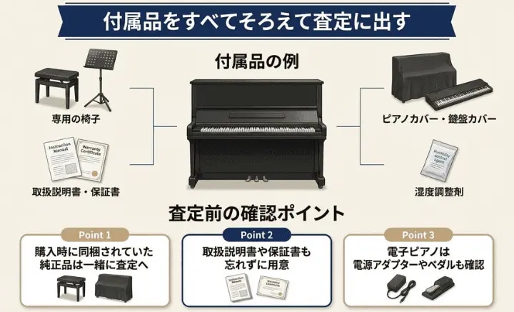 ピアノ買取の査定前にそろえておくべき付属品を解説した図。