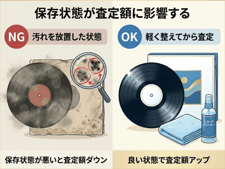 レコード買取で保存状態が査定額に影響することを示すイラスト
