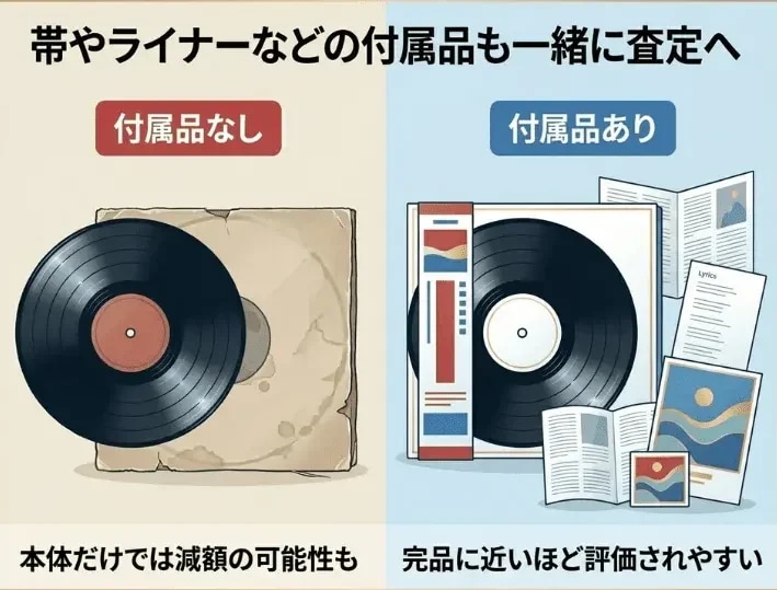 レコード買取で付属品の有無による査定額の違いを示すイラスト