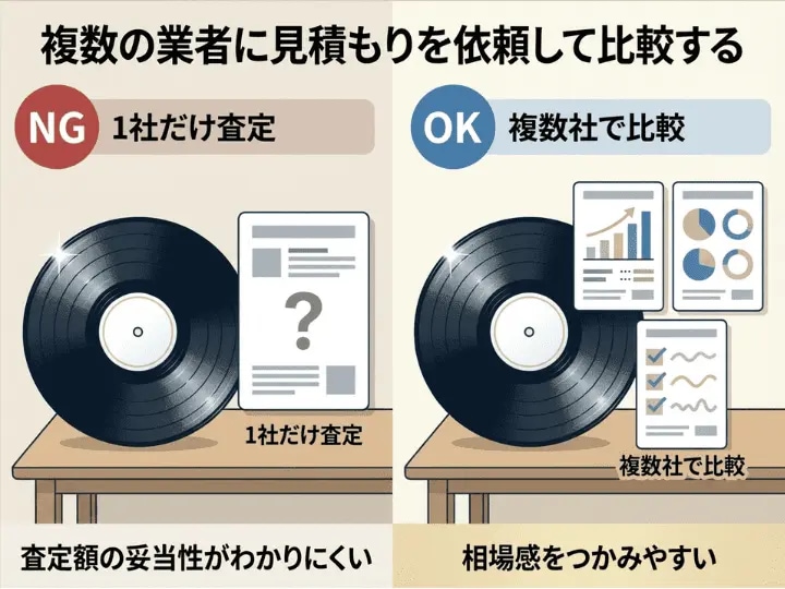 レコード買取で複数業者の査定比較が重要なことを示すイラスト