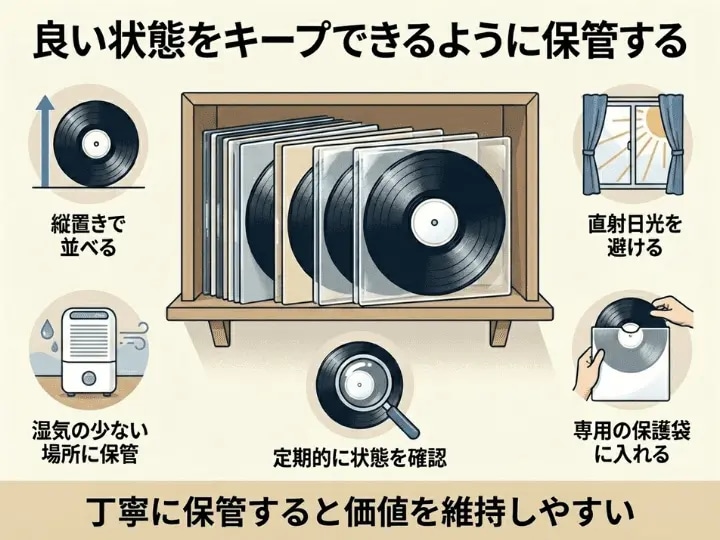 レコードの価値を保つ保管方法を示すイラスト