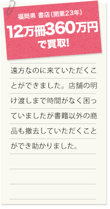 福岡県　書店（開業23年）　12万冊360万円で買取！　遠方なのに来ていただくことができました。店舗の明け渡しまで時間がなく困っていましたが書籍以外の商品も撤去していただくことができ助かりました。