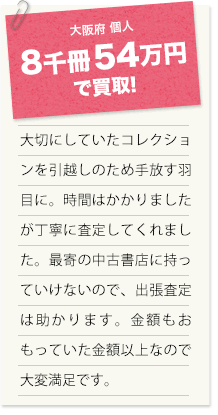 大阪府　個人 8千冊54万円で買取！ 大切にしていたコレクションを引越しのため手放す羽目に。時間はかかりましたが丁寧に査定してくれました。最寄の中古書店に持っていけないので、出張査定は助かります。金額もおもっていた金額以上なので大変満足です。